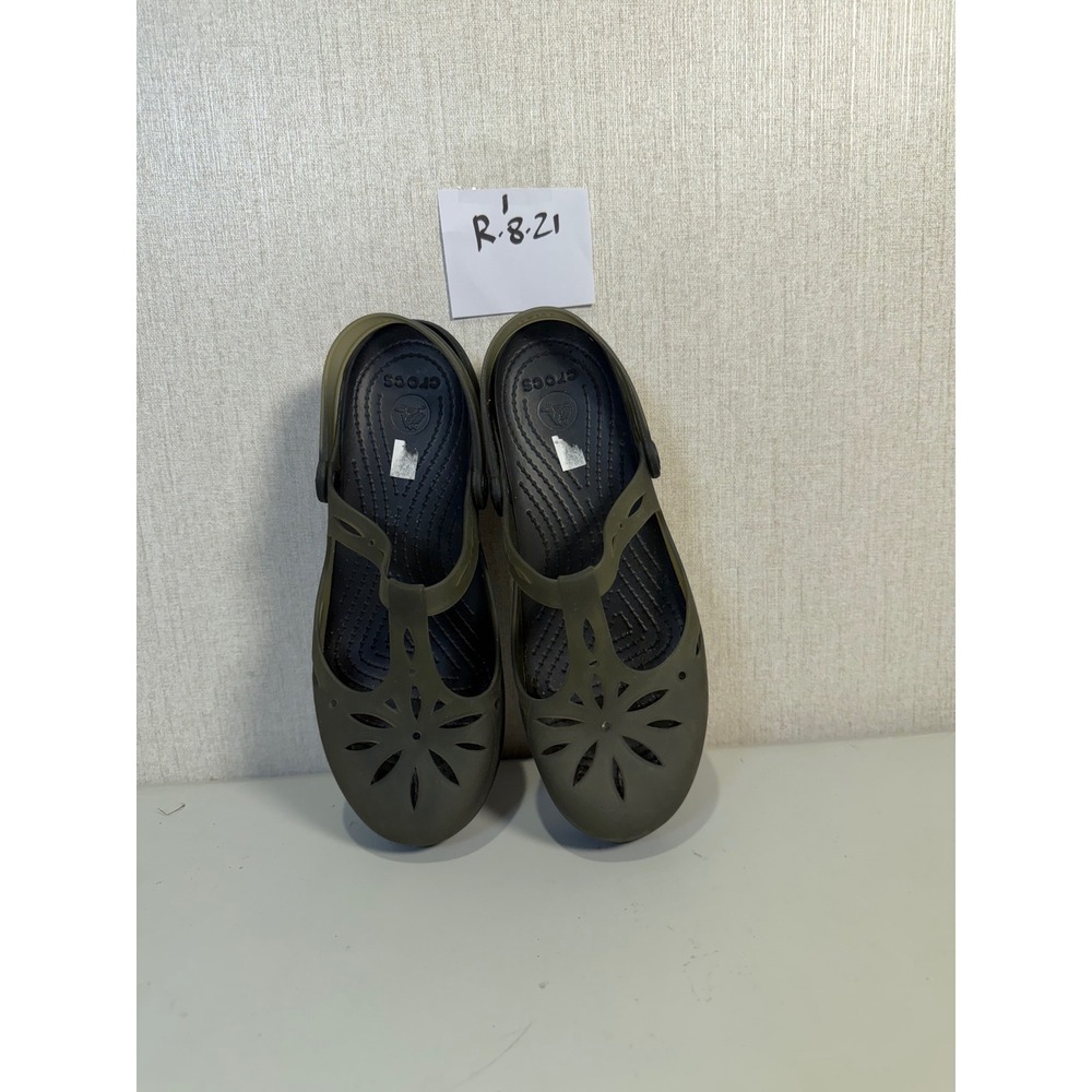 Crocs Shayna Mary Jane Clogs Olive Green Black Floral Cutout Slingback Womens 9